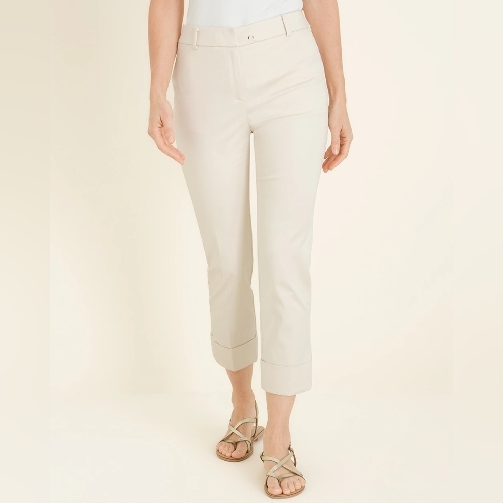 Chico's Secret Stretch Straight Leg Cuffed Cropped Pants Cream NWT size 8